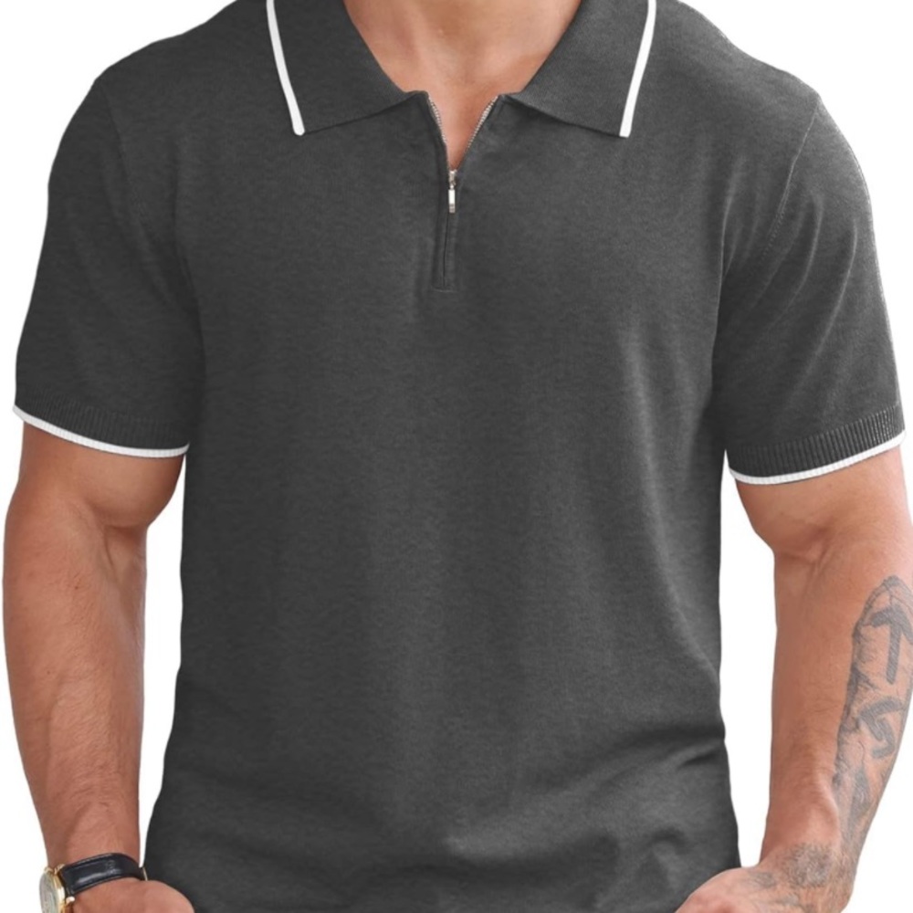 Askdeer Men’s Zipper Polo Knit Casual Short Sleeve Classic Fit Dark Gray Size Xl